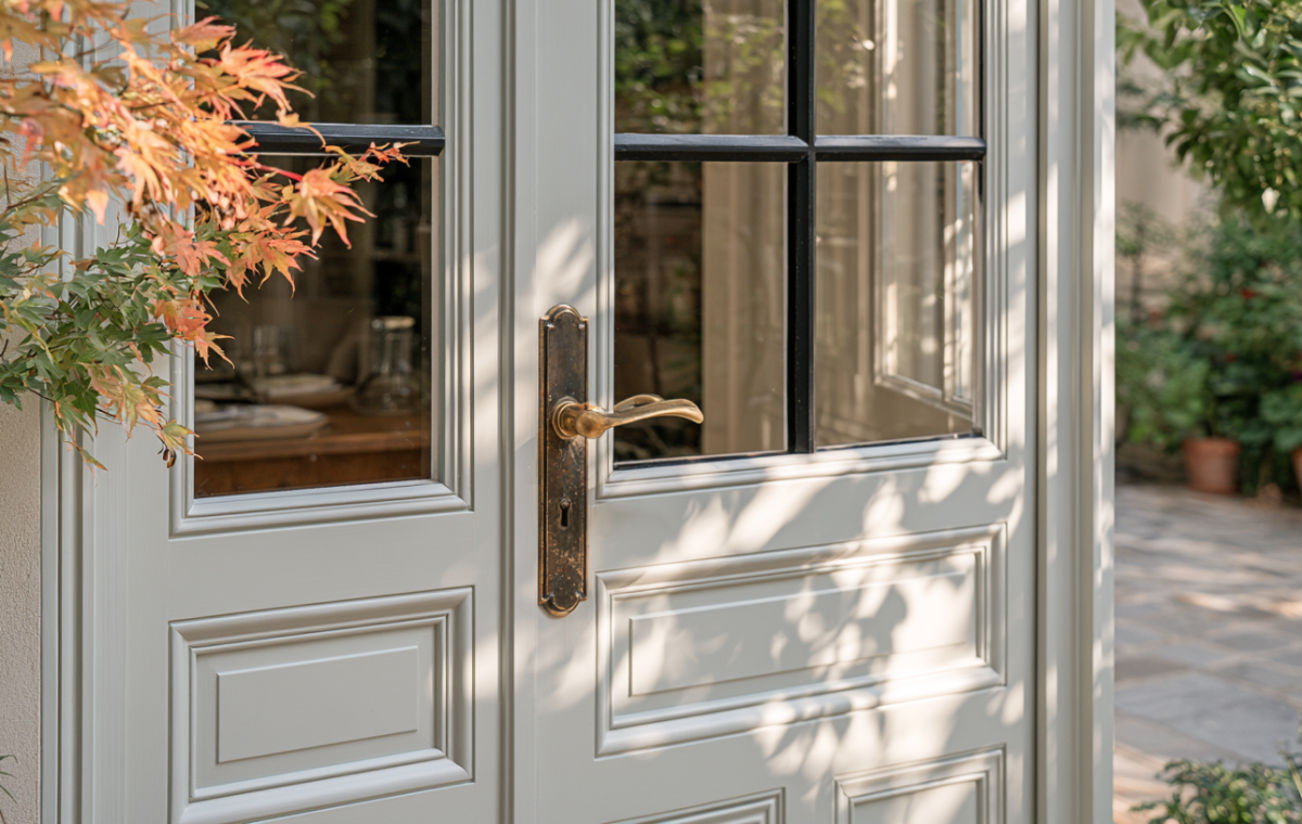 Close up of pale cream front door hardware featuring an antique brass handle and backplate.