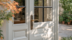 Close up of pale cream front door hardware featuring an antique brass handle and backplate.