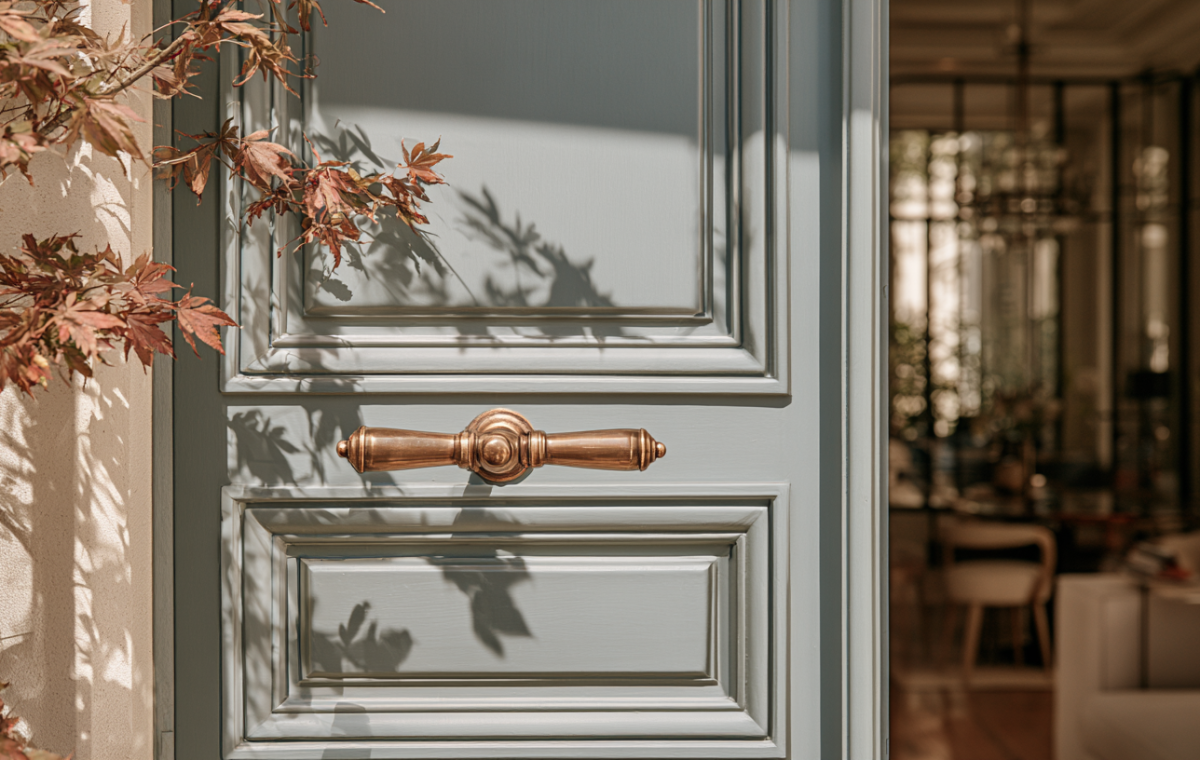 A classic grey paneled front door featuring a solid brass handle and natural foliage shadows.