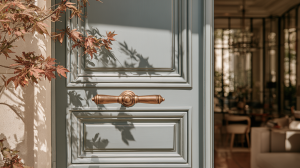 A classic grey paneled front door featuring a solid brass handle and natural foliage shadows.