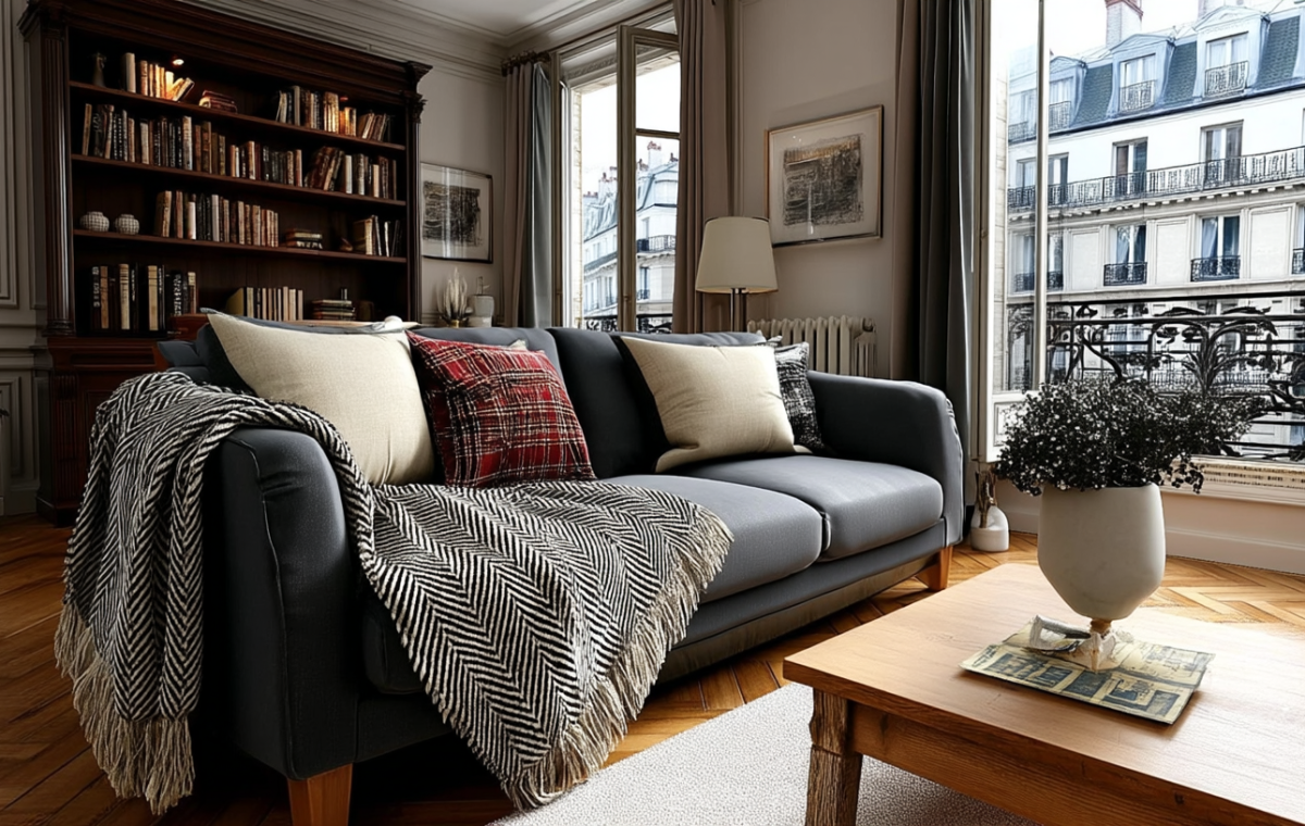Cozy apartment interior design featuring a dark sofa, herringbone flooring, and large windows.