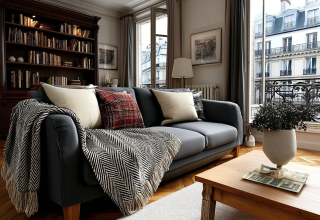 Cozy apartment interior design featuring a dark sofa, herringbone flooring, and large windows.