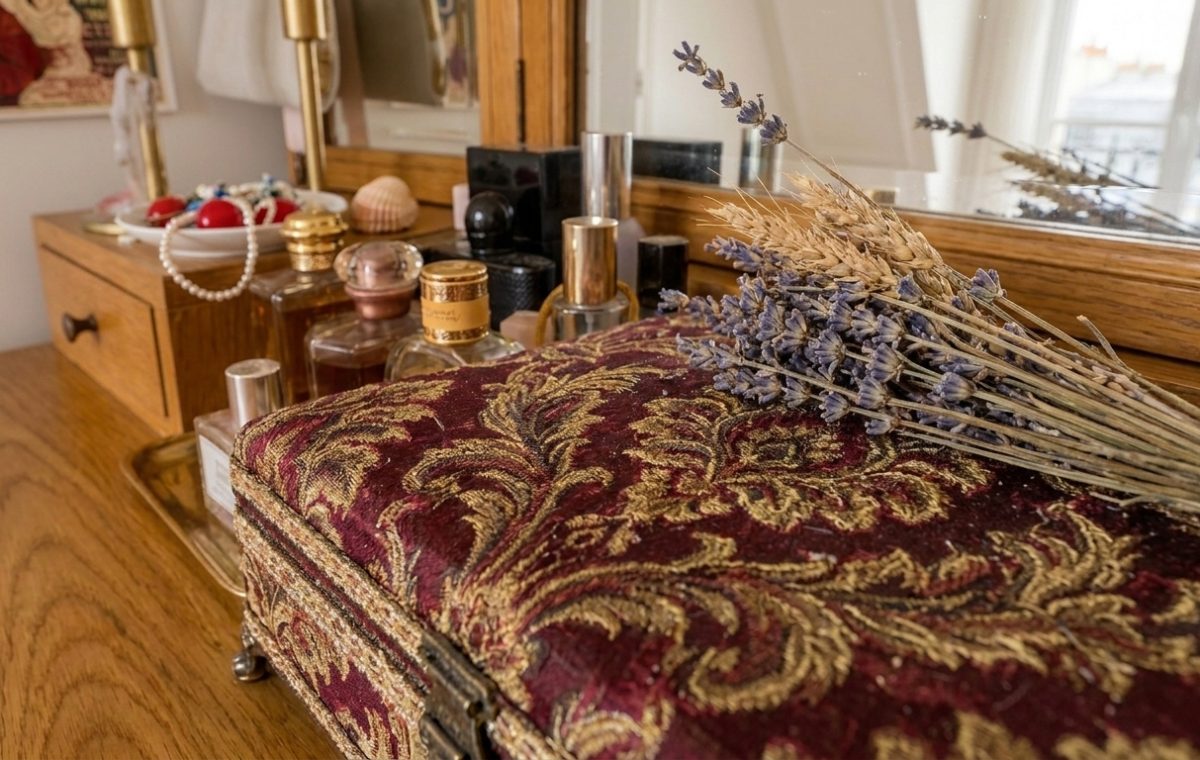 Close-up of a velvet vanity box and perfume bottles on a wooden dressing table with dried lavender.