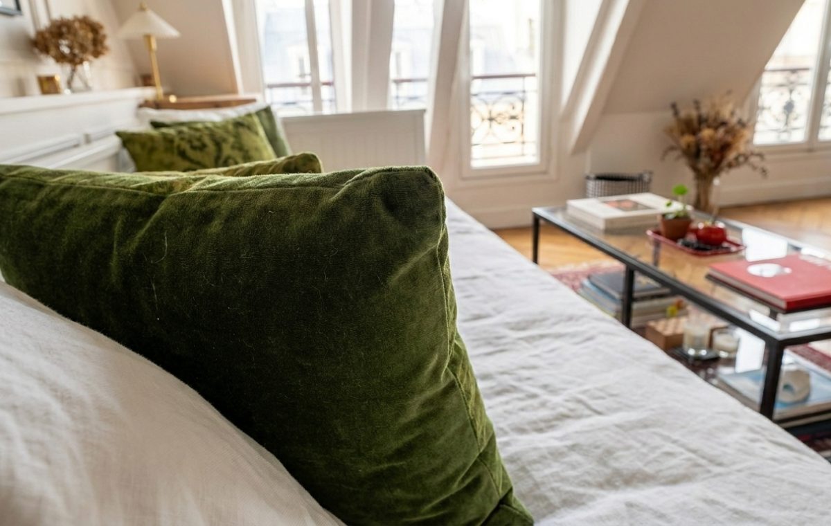 Rich green velvet accent pillows layered on a white daybed in a bright attic living room.