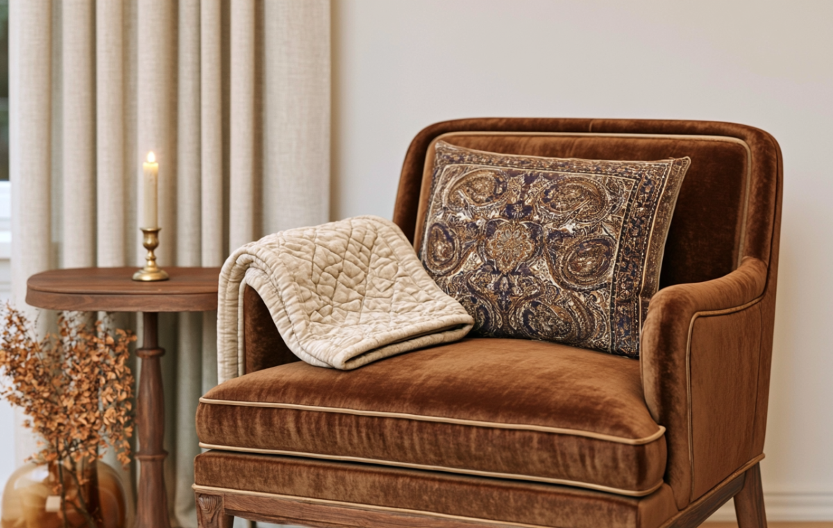 Velvet armchair styling featuring a brown accent chair, quilted throw, and traditional patterned pillow in a bright sitting room.