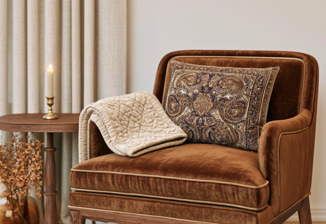 Velvet armchair styling featuring a brown accent chair, quilted throw, and traditional patterned pillow in a bright sitting room.