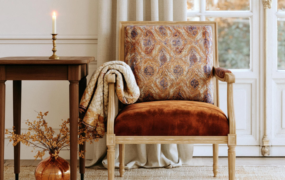 Vintage accent chair with patterned upholstery and rust velvet cushion next to a wooden side table