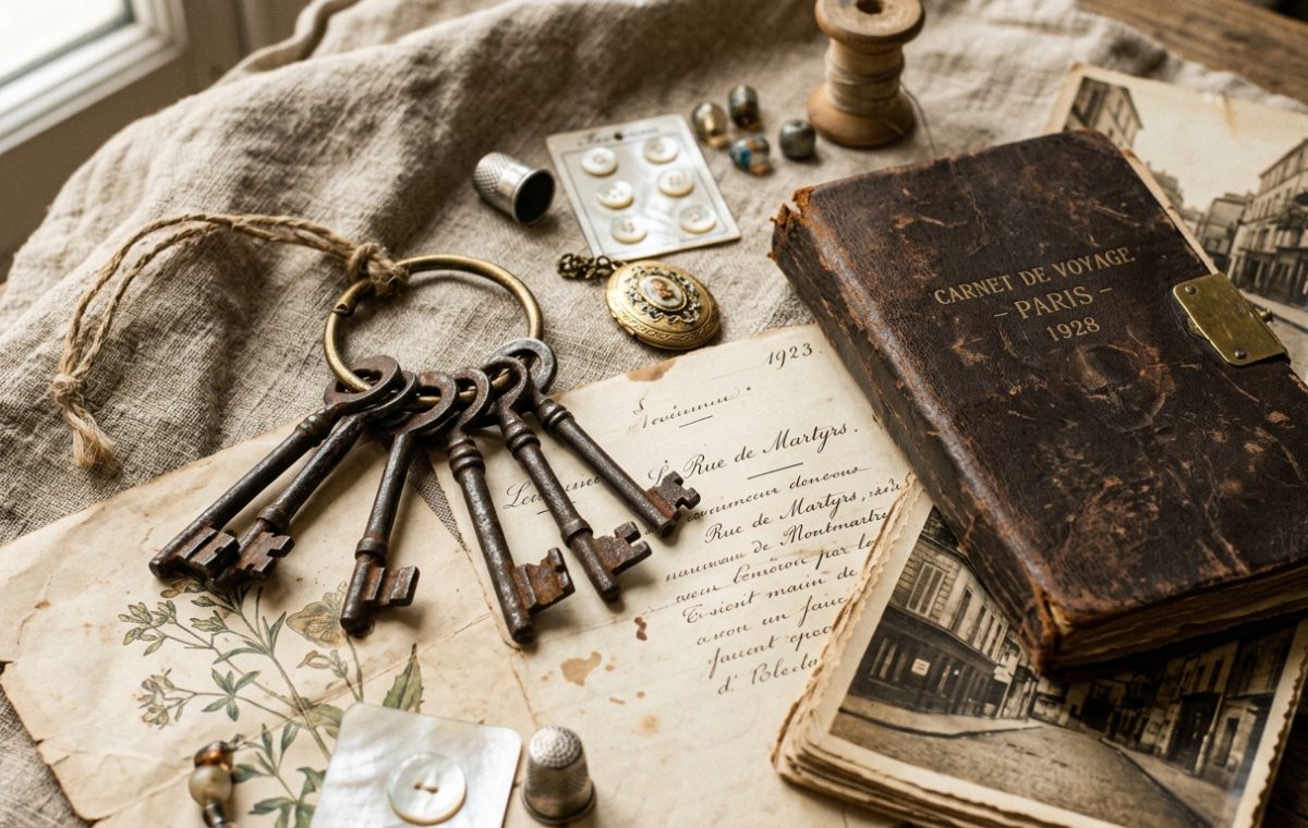 Vintage antique styling featuring old keys, a 1928 leather journal, and historic postcards on linen.