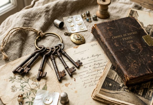 Vintage antique styling featuring old keys, a 1928 leather journal, and historic postcards on linen.