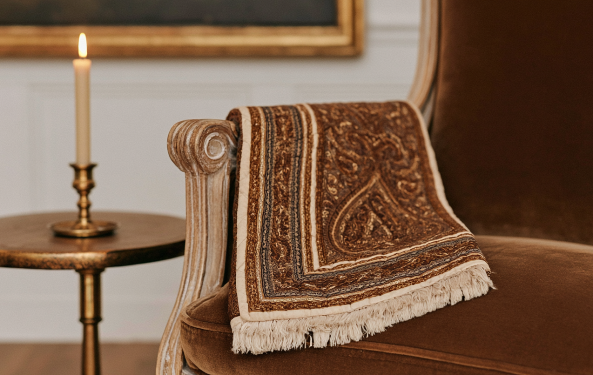 Vintage armchair styling featuring a draped patterned tapestry and a lit candle on a side table.