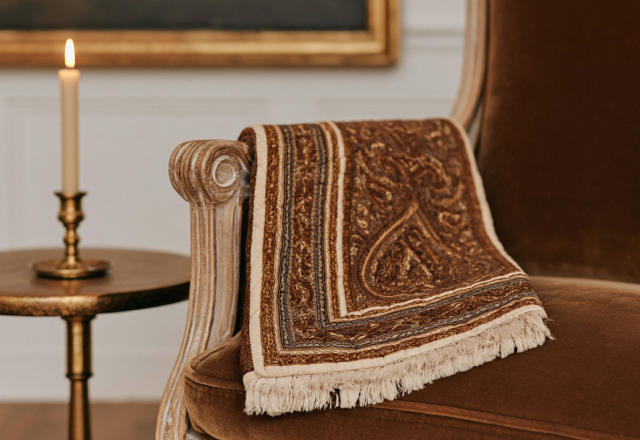Vintage armchair styling featuring a draped patterned tapestry and a lit candle on a side table.