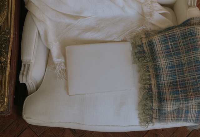 Vintage armchair styling featuring a white upholstered chair, plaid throw blanket, and antique brass frame.