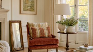 Vintage armchair styling with striped pillows and a classic lamp near a window