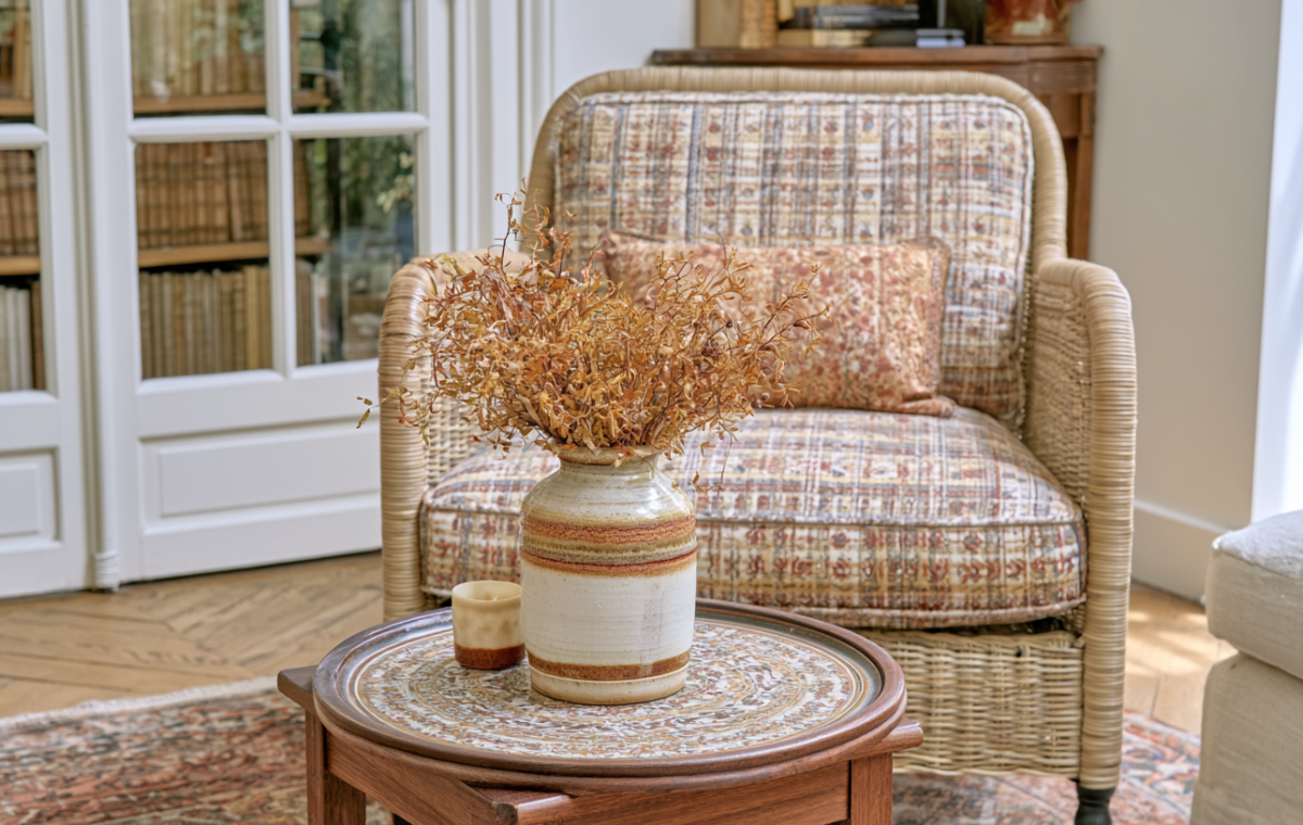 Vintage armchair styling with a patterned plaid chair, ceramic vase with dried stems, and a wooden coffee table in a bright sitting room.