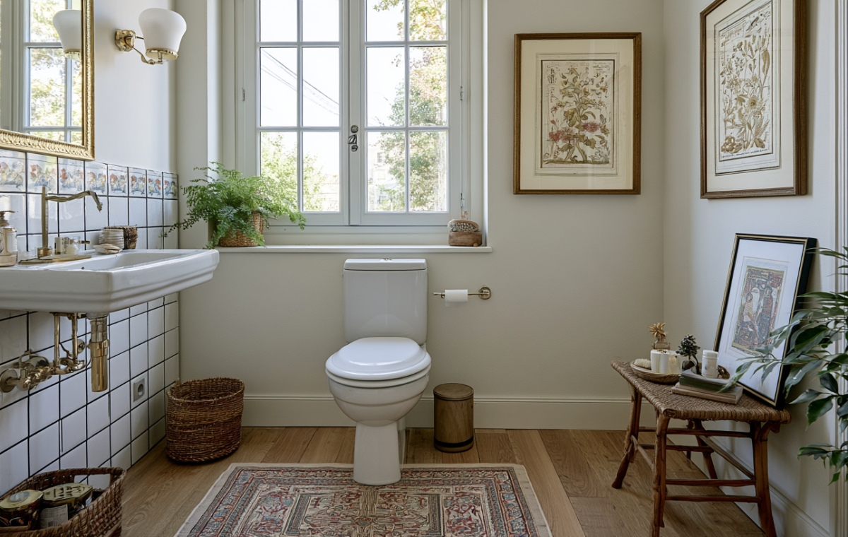 A brightly lit vintage bathroom decor setup with botanical art, brass sink fixtures, patterned rug, and natural wood accents.