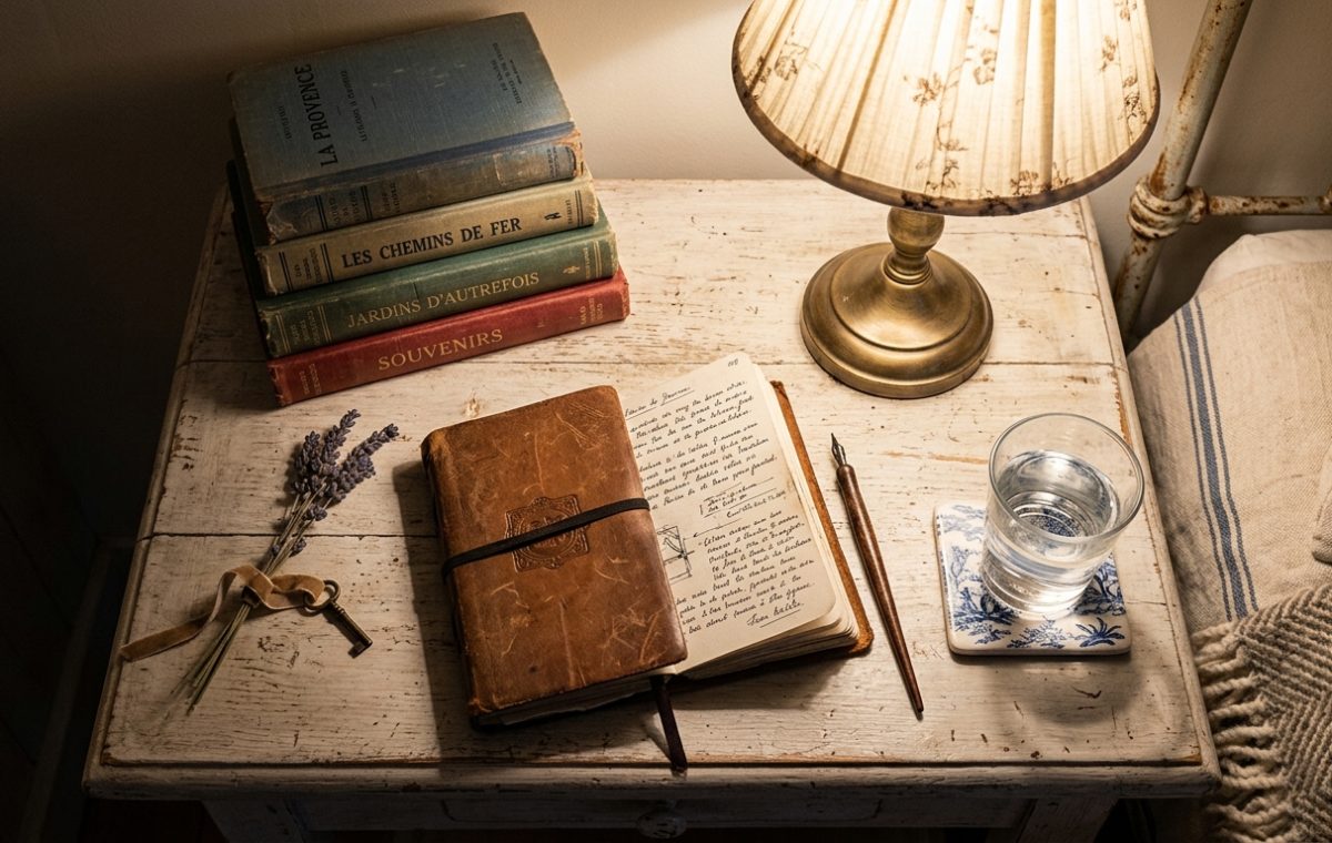 Vintage bedside table decor featuring antique books, a brass lamp, a leather journal, and dried lavender.