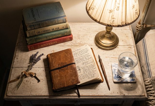 Vintage bedside table decor featuring antique books, a brass lamp, a leather journal, and dried lavender.