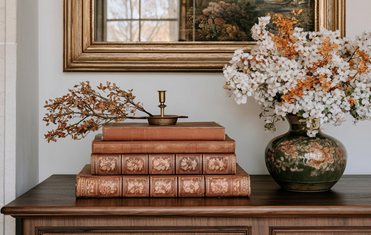 Vintage book decor styled on a wooden sideboard with a brass candle and floral vase