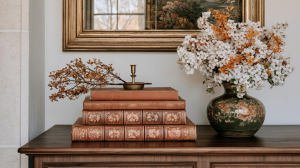 Vintage book decor styled on a wooden sideboard with a brass candle and floral vase