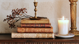 Vintage book stack decor styled with a brass candlestick and glowing candle on a wooden console