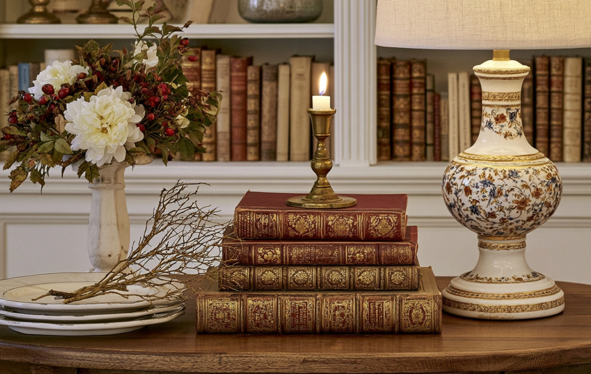Vintage book stack styling featuring antique books, a brass candlestick, and a decorative lamp on a wooden table.