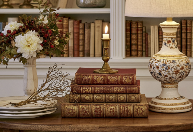 Vintage book stack styling featuring antique books, a brass candlestick, and a decorative lamp on a wooden table.