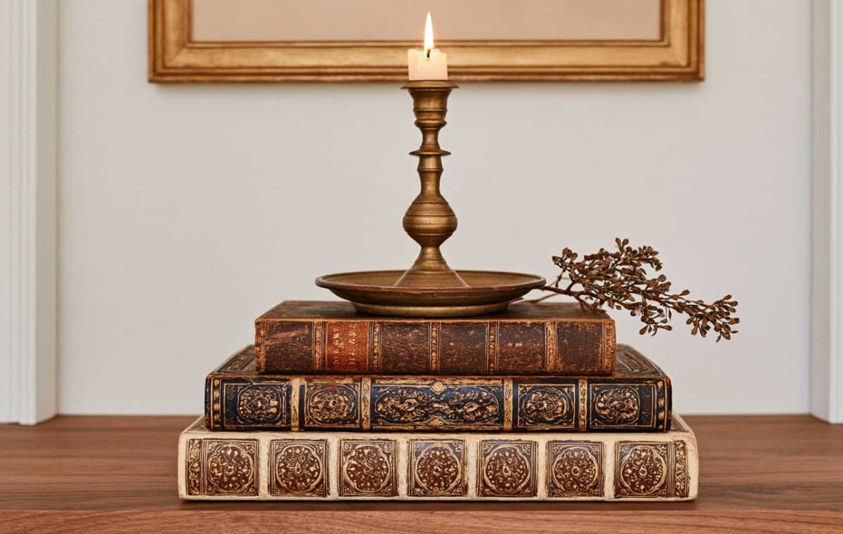 Vintage book stack styled with a brass candlestick and dried foliage on a wooden surface.
