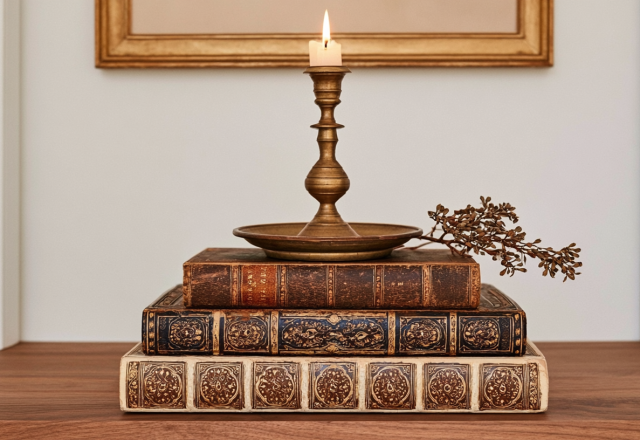 Vintage book stack styled with a brass candlestick and dried foliage on a wooden surface.
