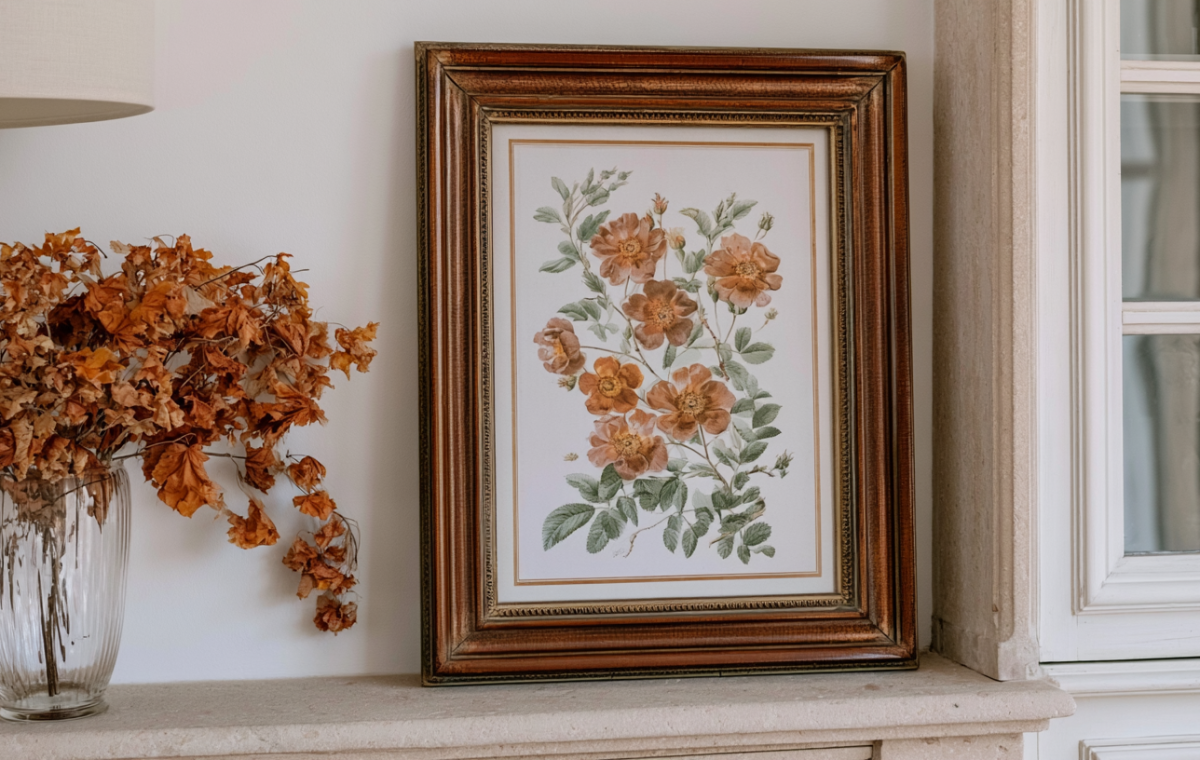 Vintage botanical print in a dark wood frame styled on a stone mantel decor setup with dried foliage