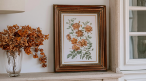 Vintage botanical print in a dark wood frame styled on a stone mantel decor setup with dried foliage
