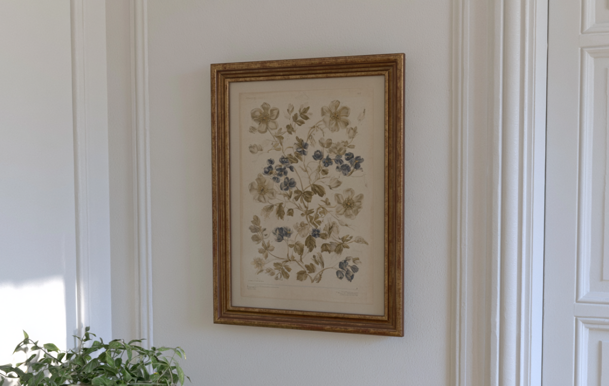 Framed vintage botanical wall art hanging on a neutral white wall next to classical molding.