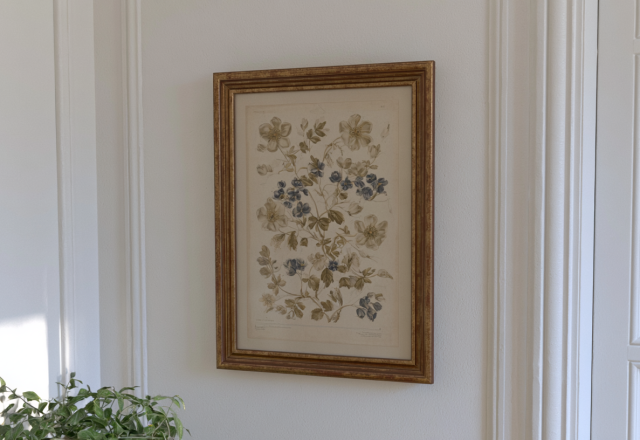 Framed vintage botanical wall art hanging on a neutral white wall next to classical molding.
