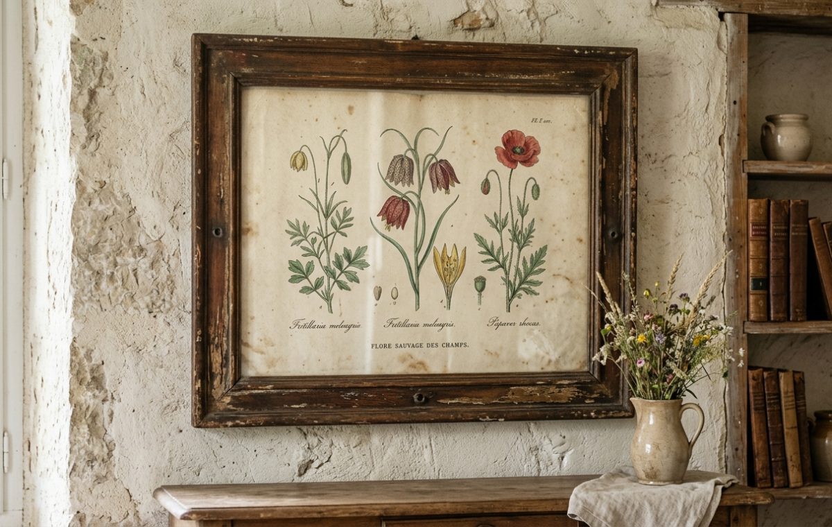 Framed vintage botanical wall art hanging on a textured rustic plaster wall next to a wooden shelf.