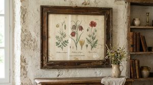 Framed vintage botanical wall art hanging on a textured rustic plaster wall next to a wooden shelf.