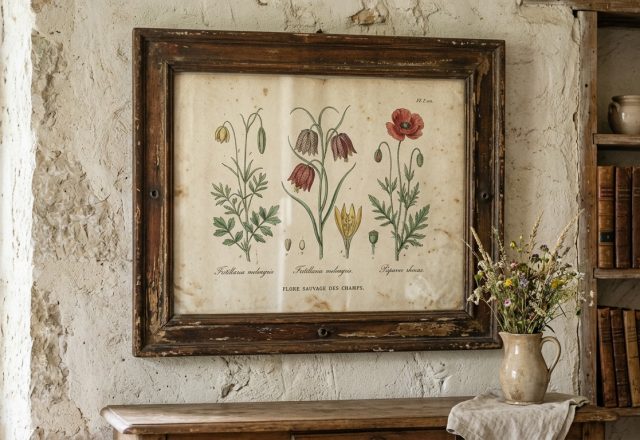 Framed vintage botanical wall art hanging on a textured rustic plaster wall next to a wooden shelf.