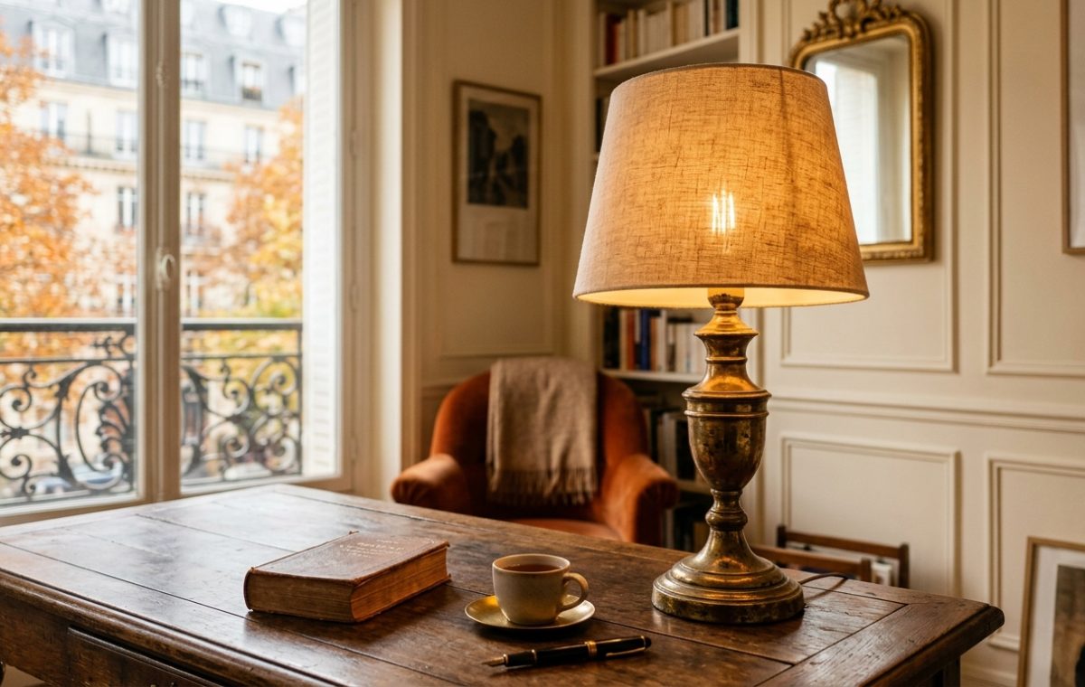 Vintage brass desk lamp with fabric shade glowing on a dark wooden study desk