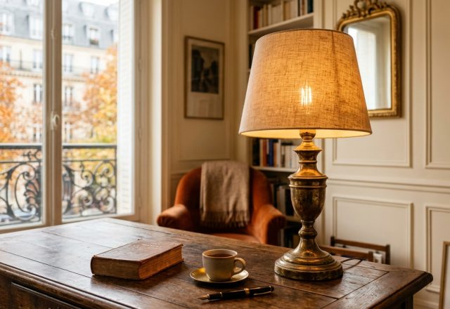 Vintage brass desk lamp with fabric shade glowing on a dark wooden study desk