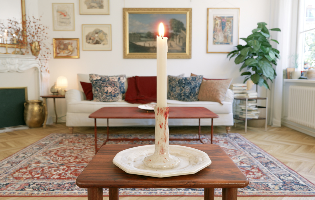 A lit white taper candle in a vintage candle holder sitting on a wooden table in a Scandinavian living room