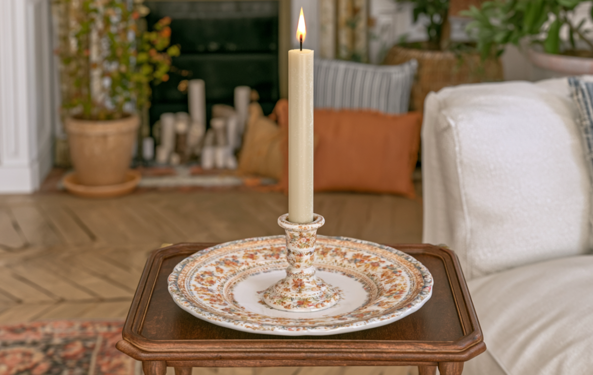 A vintage candle holder with a lit taper candle resting on a wooden table in a living room.
