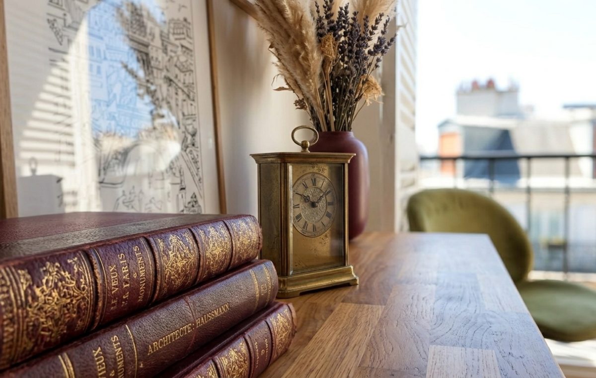 Vintage desk decor featuring leather bound books, a brass clock, and framed art on a wooden surface.
