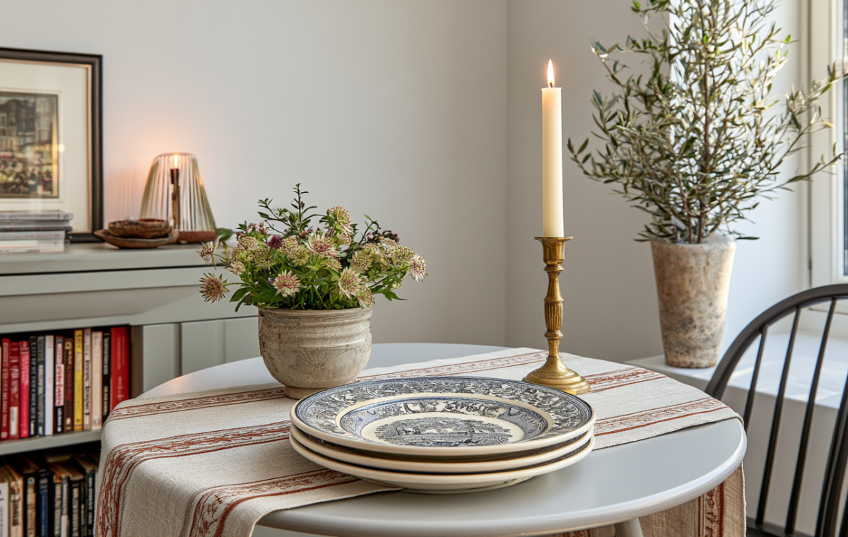 Vintage dining room decor featuring layered antique plates and a brass candle holder on a table runner.