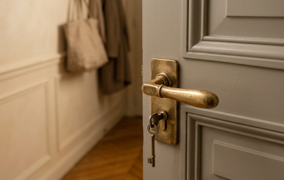 Close-up of a vintage door handle with a key inserted on a classic gray paneled door.