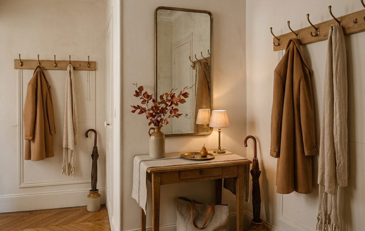 Warm French vintage entryway decor with wooden coat rack, antique brass mirror, and rustic console table.