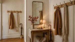Warm French vintage entryway decor with wooden coat rack, antique brass mirror, and rustic console table.