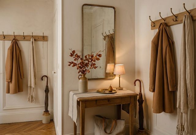 Warm French vintage entryway decor with wooden coat rack, antique brass mirror, and rustic console table.