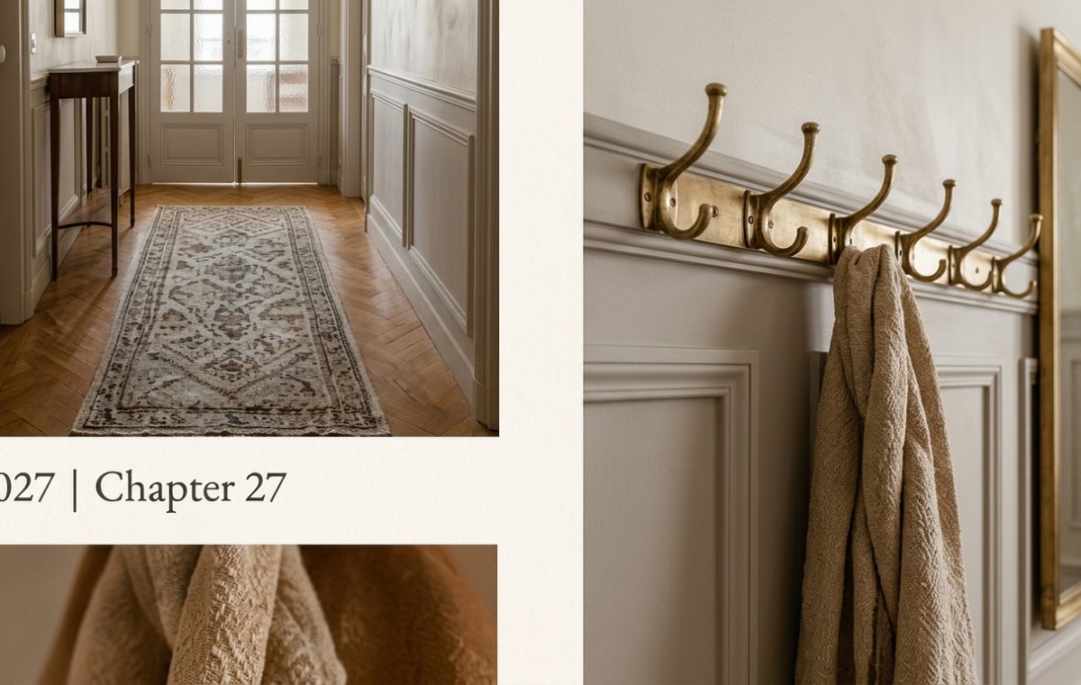 Vintage hallway decor featuring herringbone floors, brass hooks, and elegant wall molding.