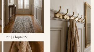 Vintage hallway decor featuring herringbone floors, brass hooks, and elegant wall molding.