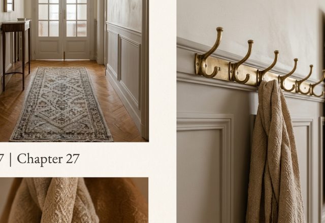 Vintage hallway decor featuring herringbone floors, brass hooks, and elegant wall molding.