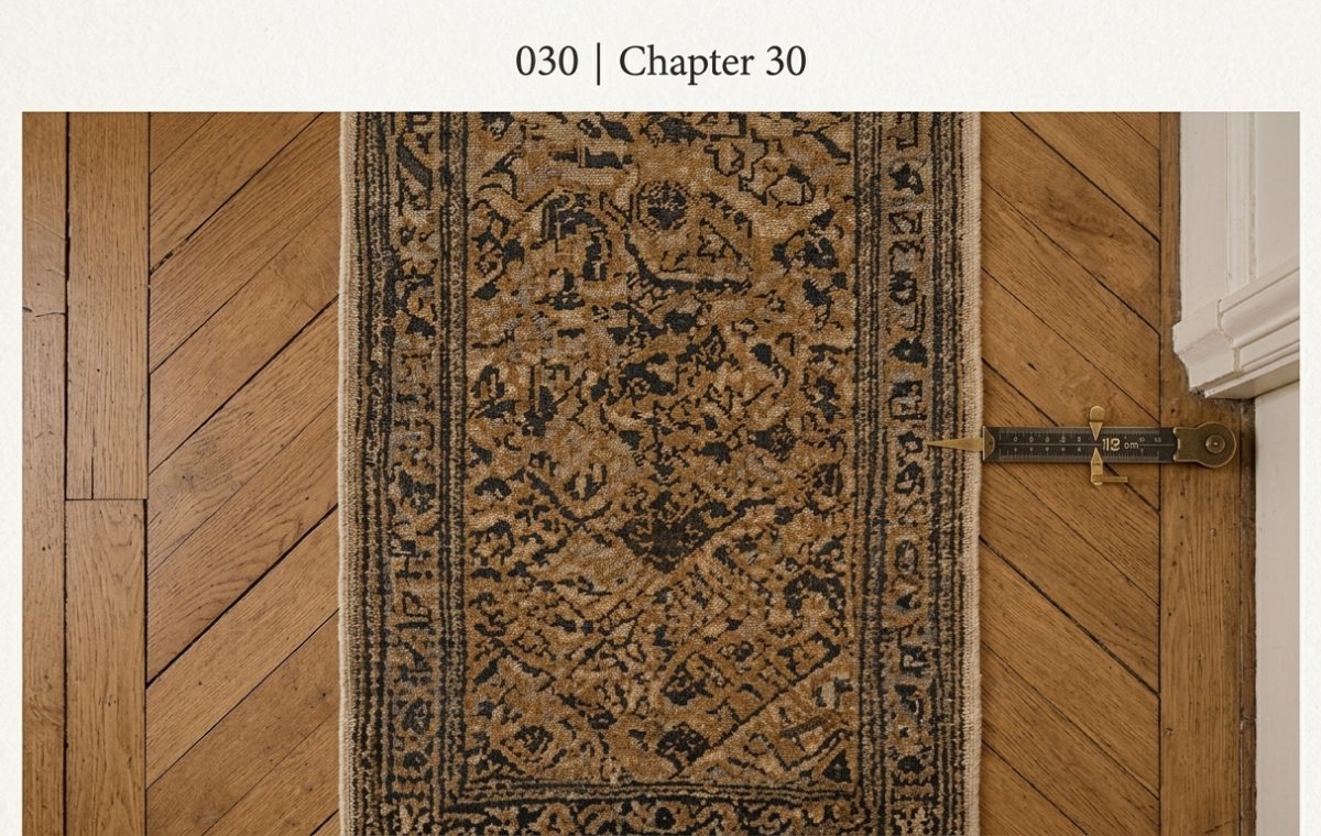 A vintage hallway runner rug placed on herringbone hardwood floors with a brass measuring tool next to it.