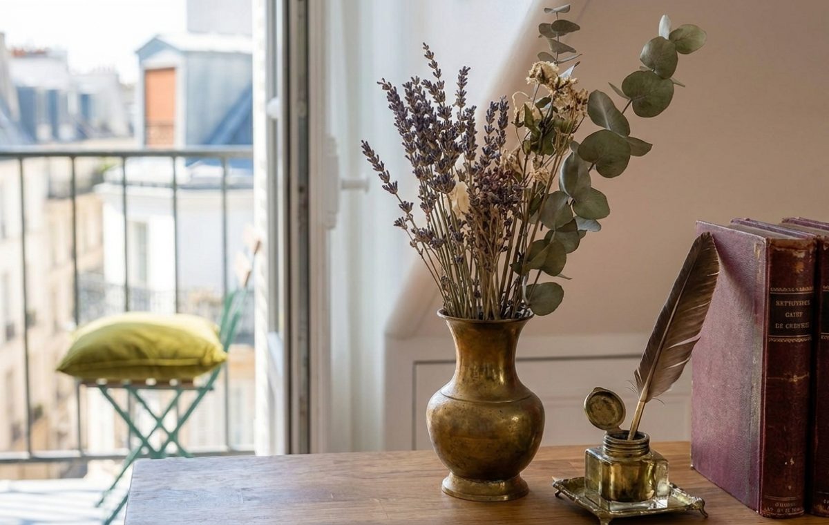 Vintage home office styling featuring brass vase with dried lavender, inkwell with quill, and antique books next to a balcony window.